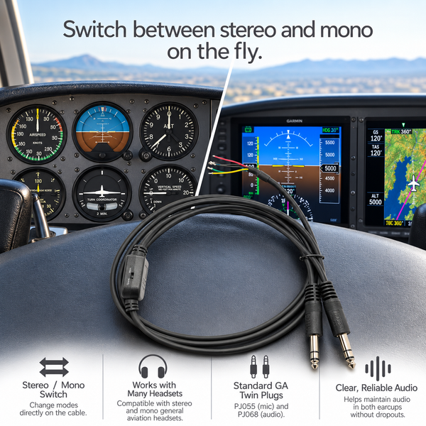 Switchable Stereo/Mono GA Twin Plug Replacement Headset Cable